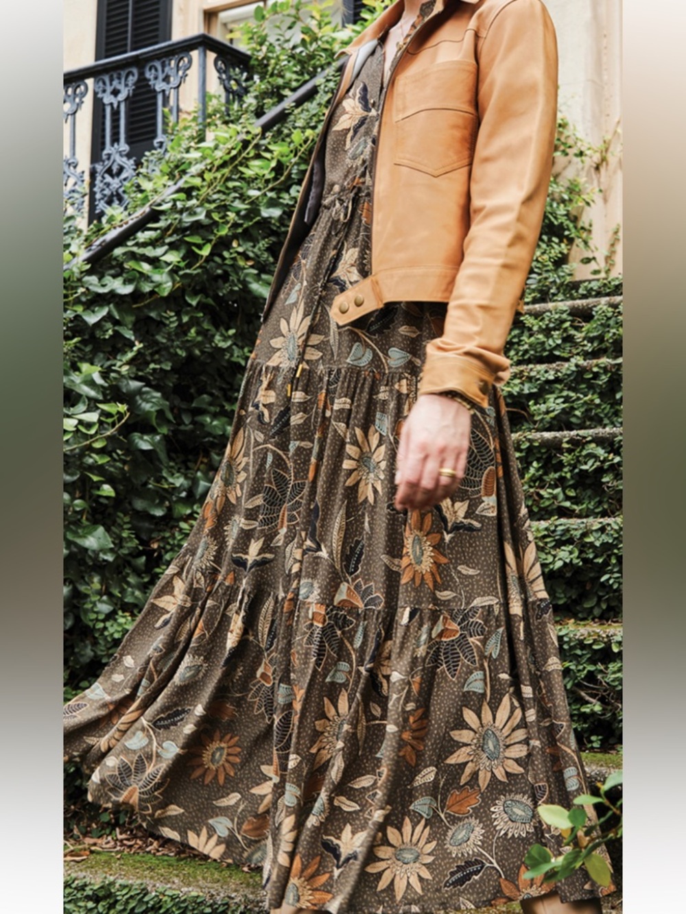 🤩Spartina 449 Olive Floral Tiered Maxi dress with Tan and Blue Accents🤑🤩 - Picture 10 of 11